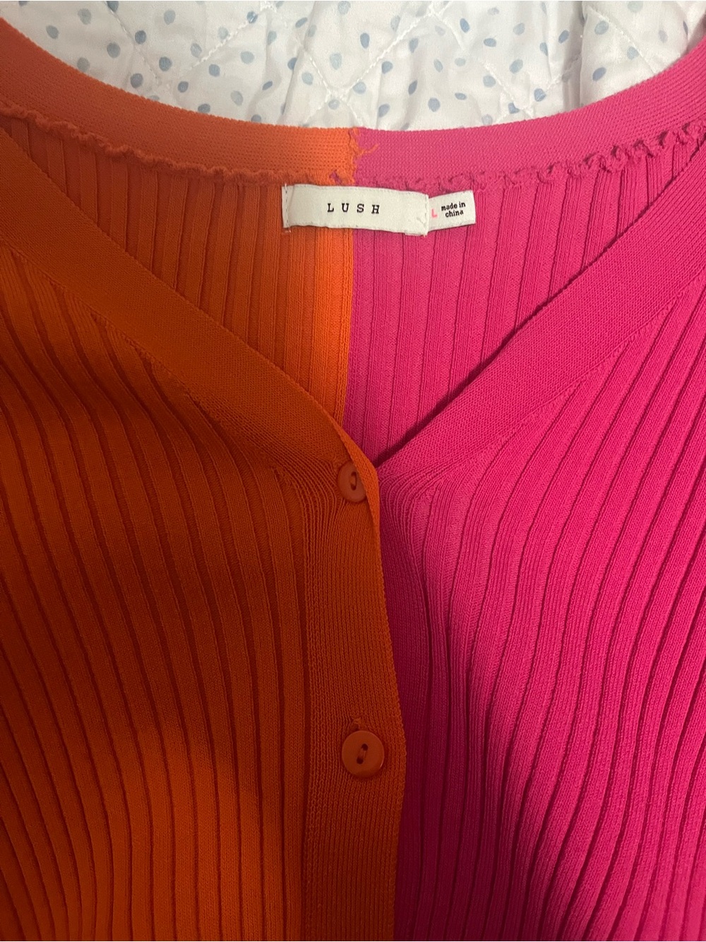 Lush Two-Tone Orange and Fuchsia Ribbed Button-Up Top - Picture 2 of 3